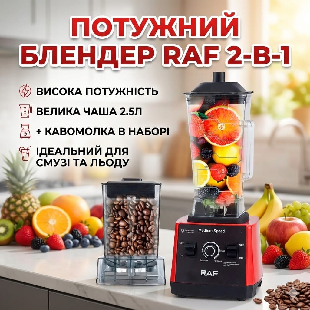 Блендер стаціонарний електричний з кавомолкою RAF R.2840 2400W скляна чаша 2.5л