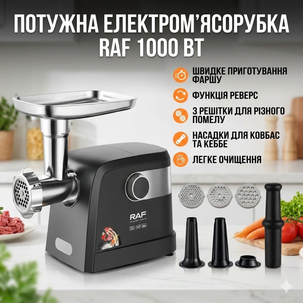 М’ясорубка електрична RAF R3362 1000 Вт потужна з реверсом 3 решітки насадка для ковбас кебе захист від перевантаження продуктивни