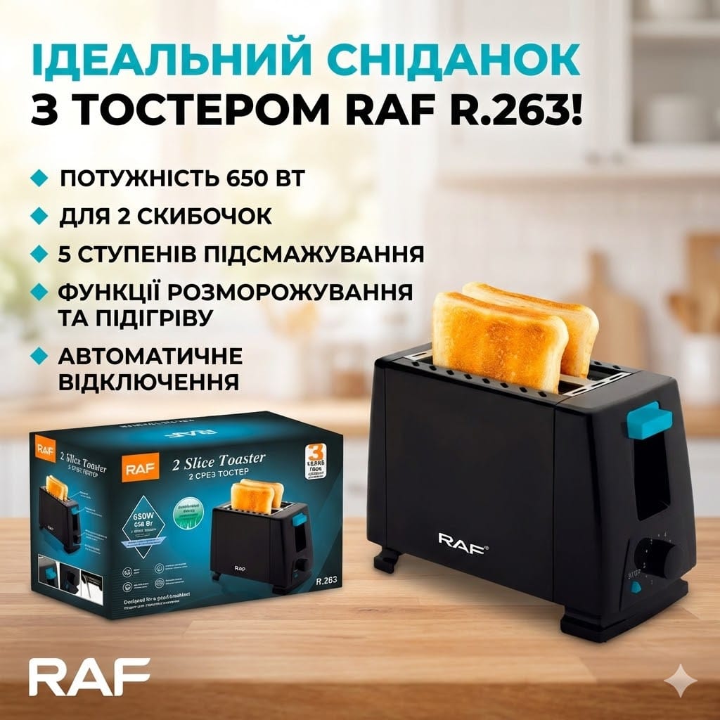 Електричний тостер RAF R.263, 650 Вт, на 2 скибочки з регулюванням підсмажування, розморожуванням і підігрівом