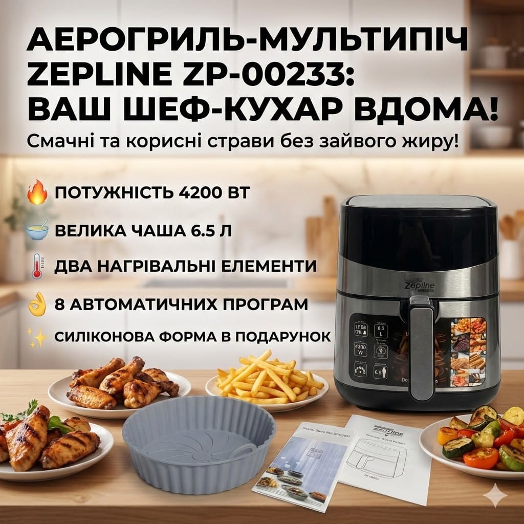 Аерофритюрниця мультипіч Zepline ZP-00233 (6.5 л, 4200 Вт) з двома ТЕНами та сенсорним управлінням + Силіконова форма