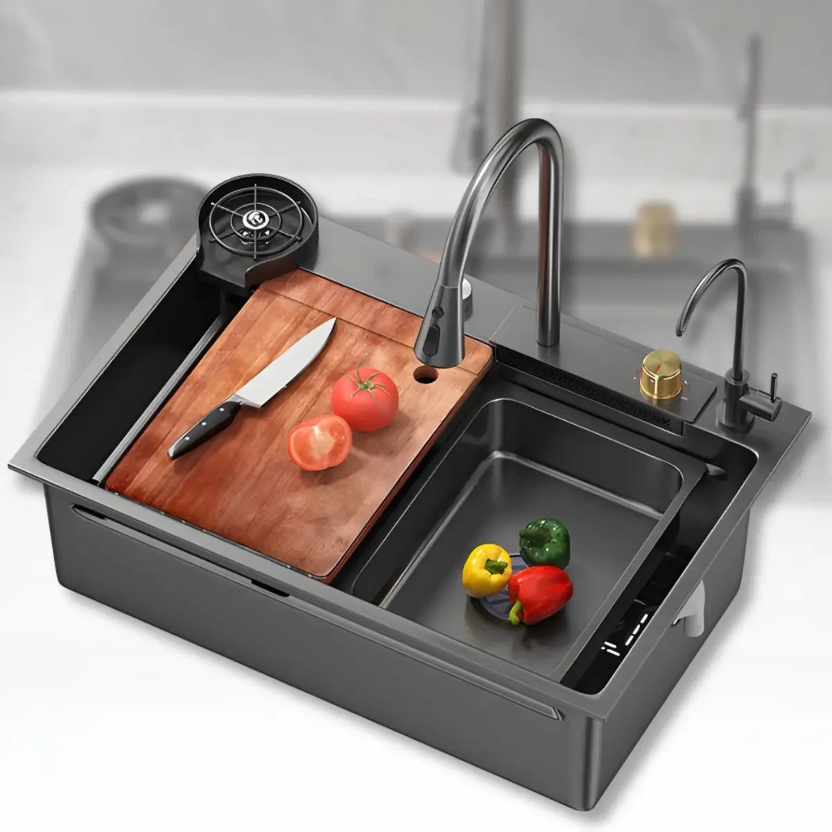 Кухонна мийка з неіржавкої сталі 75×46 см із висувним змішувачем і 3 режимами подавання води “Водоспад” RK