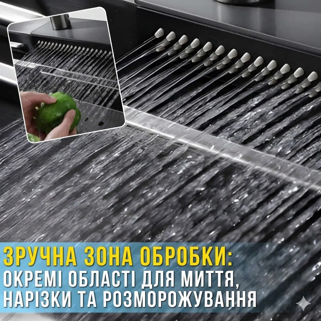 Кухонна мийка з неіржавкої сталі 75×46 см із висувним змішувачем і 3 режимами подавання води “Водоспад” RK
