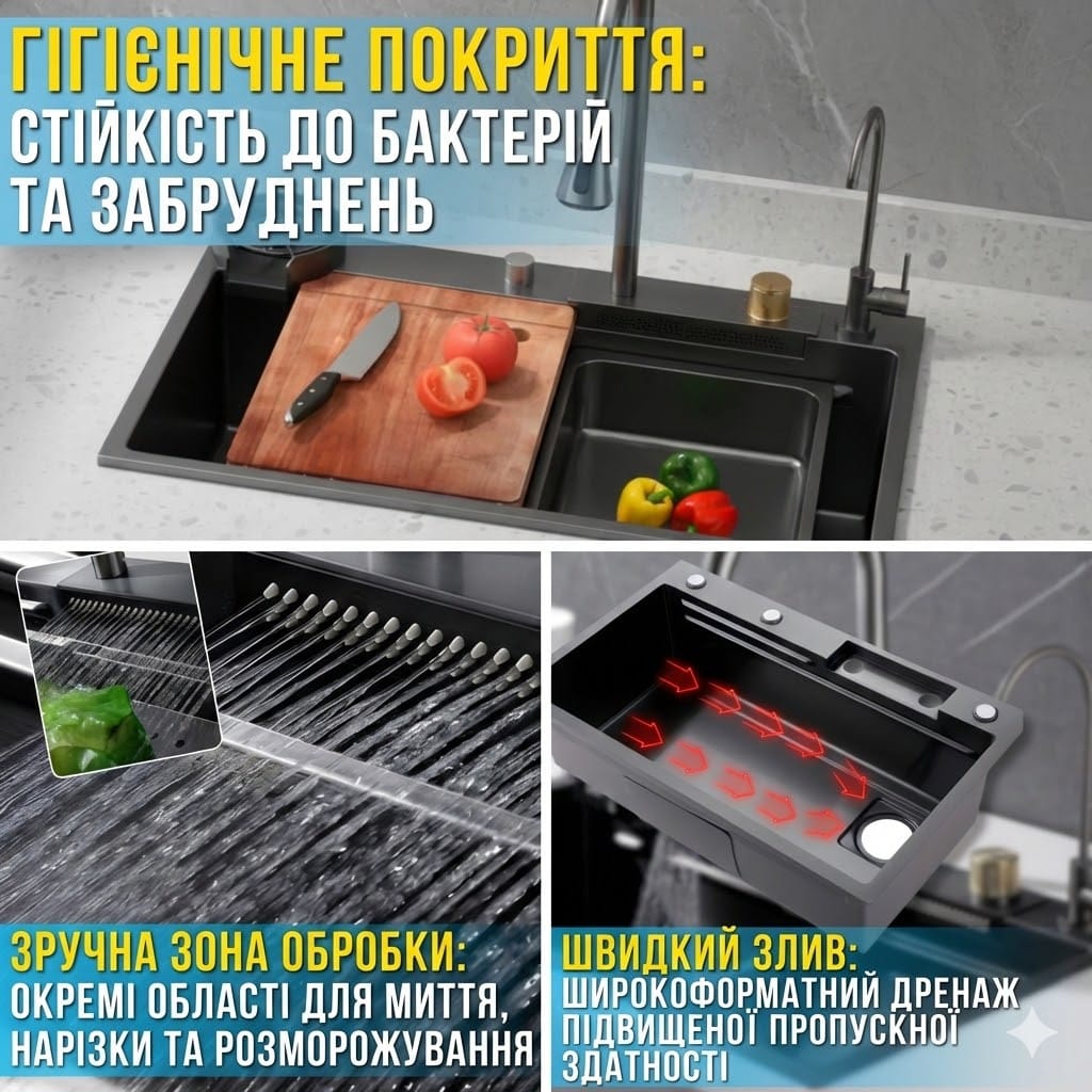 Кухонна мийка з неіржавкої сталі 75×46 см із висувним змішувачем і 3 режимами подавання води “Водоспад” RK