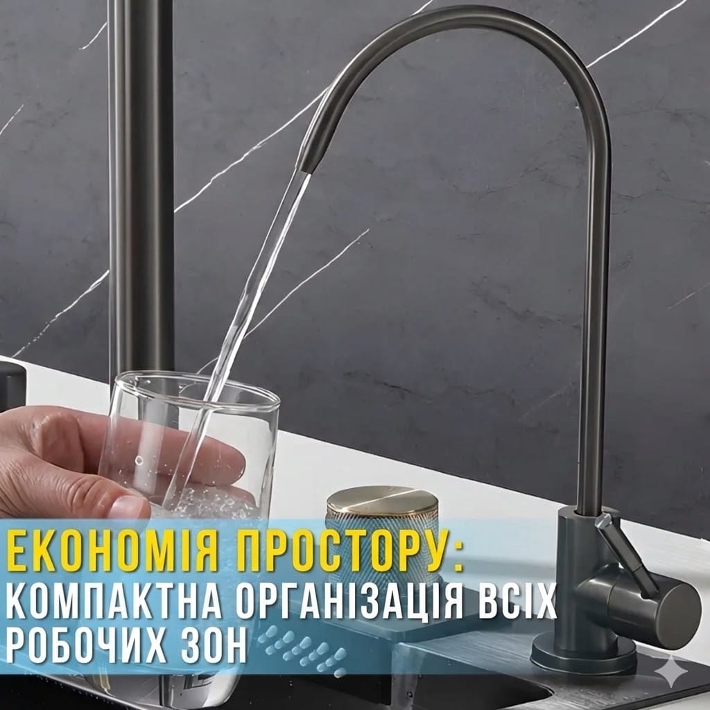 Кухонна мийка з неіржавкої сталі 75×46 см із висувним змішувачем і 3 режимами подавання води “Водоспад” RK