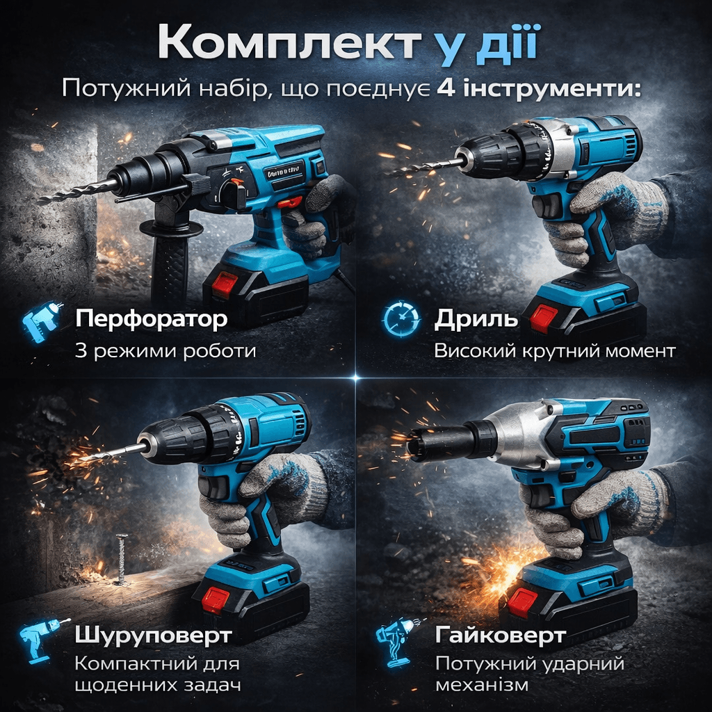 Універсальний акумуляторний набір інструментів 4в1: гайковерт + дриль + шуруповерт + реверсивна тріскачка, 48V, 2 акумулятора
