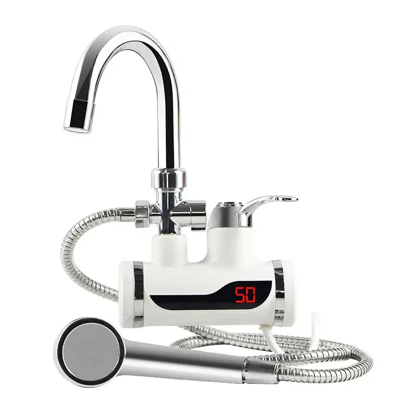 Міні бойлер + душ Water Heater MP 5208, проточний електричний водонагрівач 3000 Вт з LCD-дисплеєм, бічне під’єднання, шланг