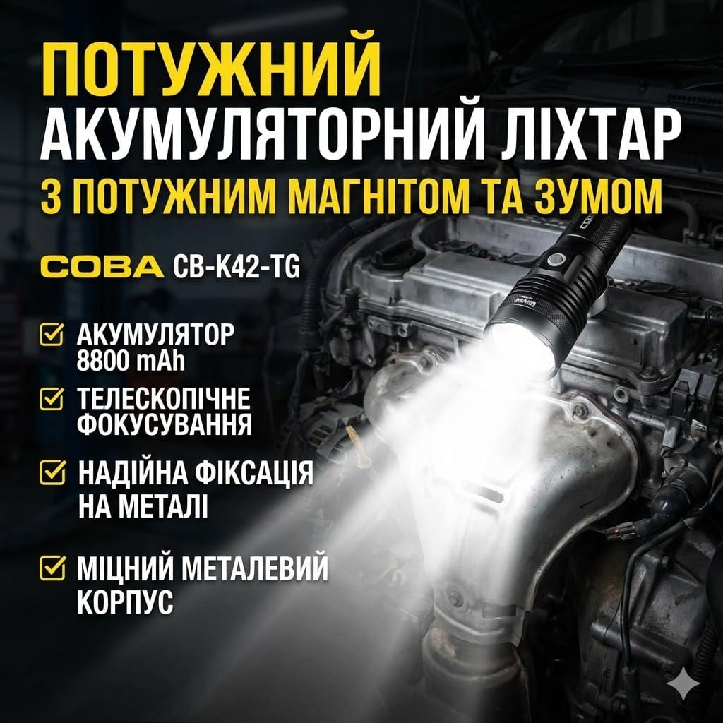 Потужний акумуляторний ліхтарик COBA CB-K42-TG TG2000M із зумом, магнітом і акумулятором 8800 mAh