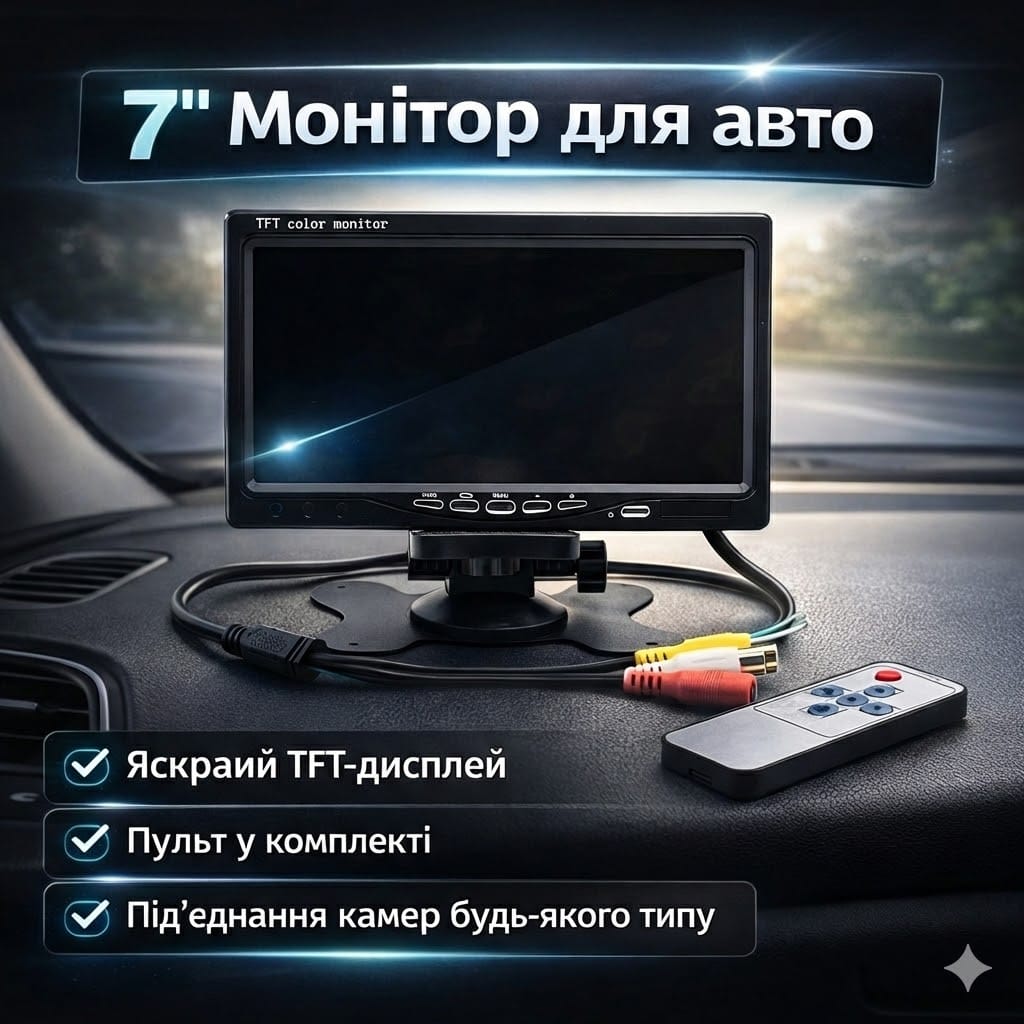 Автомобільний РК-монітор 7″ для камер заднього огляду з двома відеовходами RCA та пультом ДК