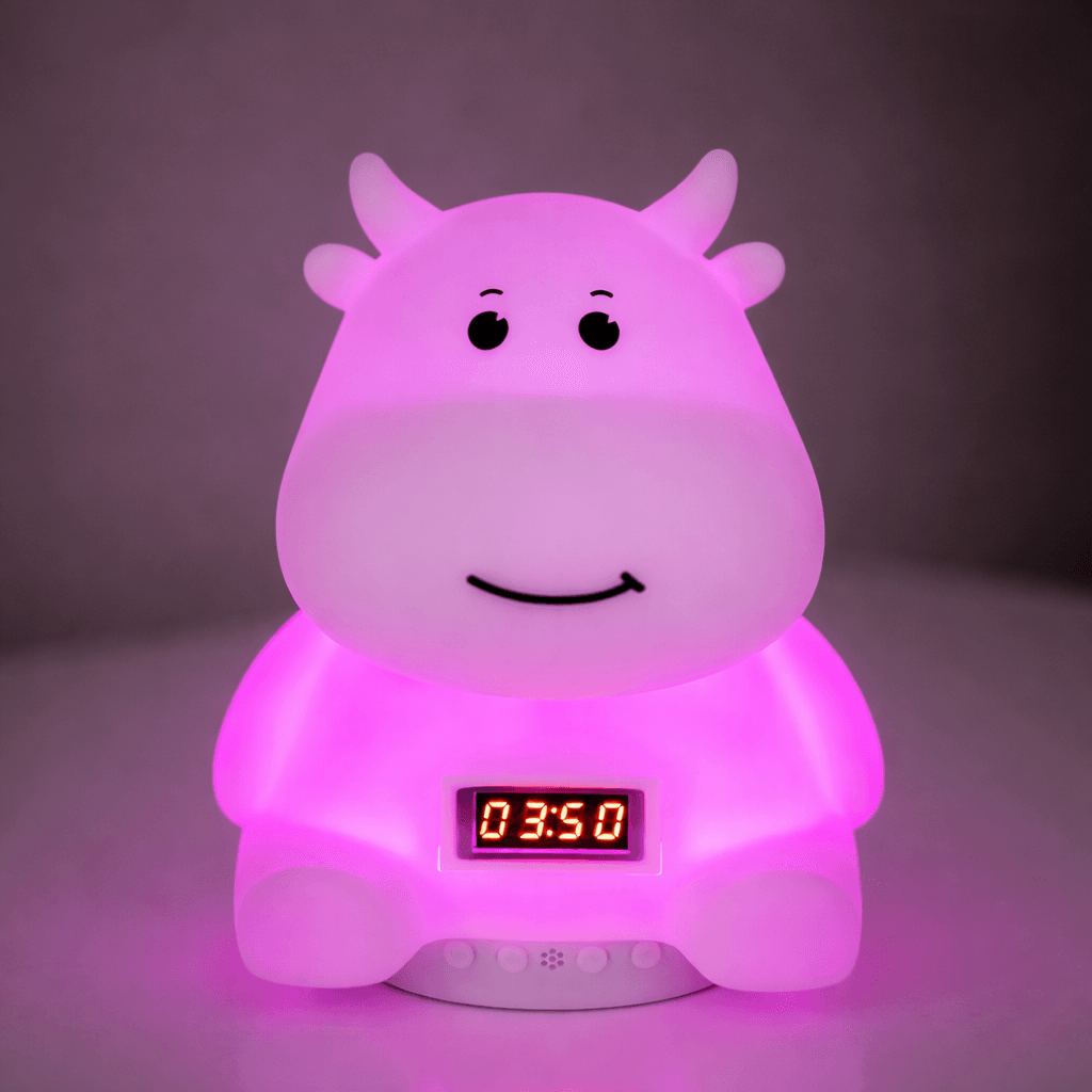 Дитячий акумуляторний нічник “Коровка” з м’яким LED-світлом, RGB-підсвіткою, вбудованою Bluetooth-колонкою й електронним годиннико
