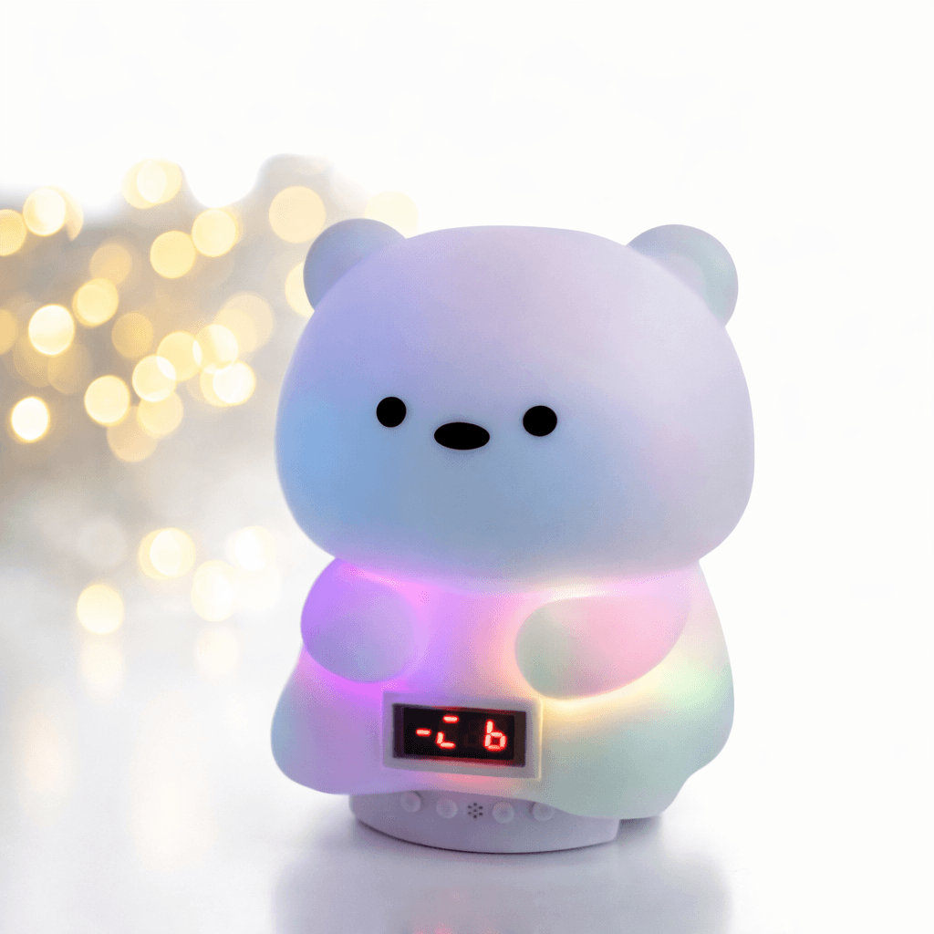 Дитячий акумуляторний нічник “Ведмедик” з Bluetooth-колонкою й електронним годинником м’яким LED-світлом, багатобарвною RGB-підсві