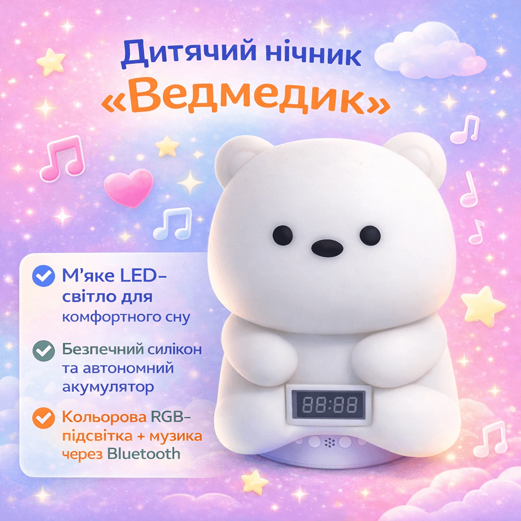 Дитячий акумуляторний нічник “Ведмедик” з Bluetooth-колонкою й електронним годинником м’яким LED-світлом, багатобарвною RGB-підсві