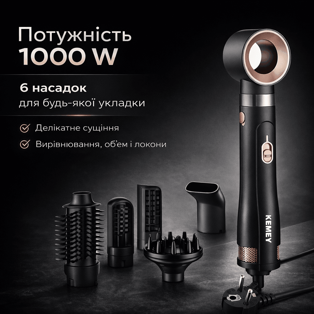 Фен-стайлер для волосся KEMEY KM-9205, 1000W, 6 насадок для укладання, з функцією брашингу та випрямлення