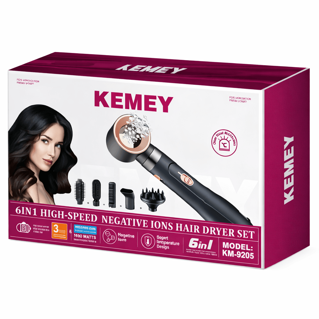 Фен-стайлер для волосся KEMEY KM-9205, 1000W, 6 насадок для укладання, з функцією брашингу та випрямлення