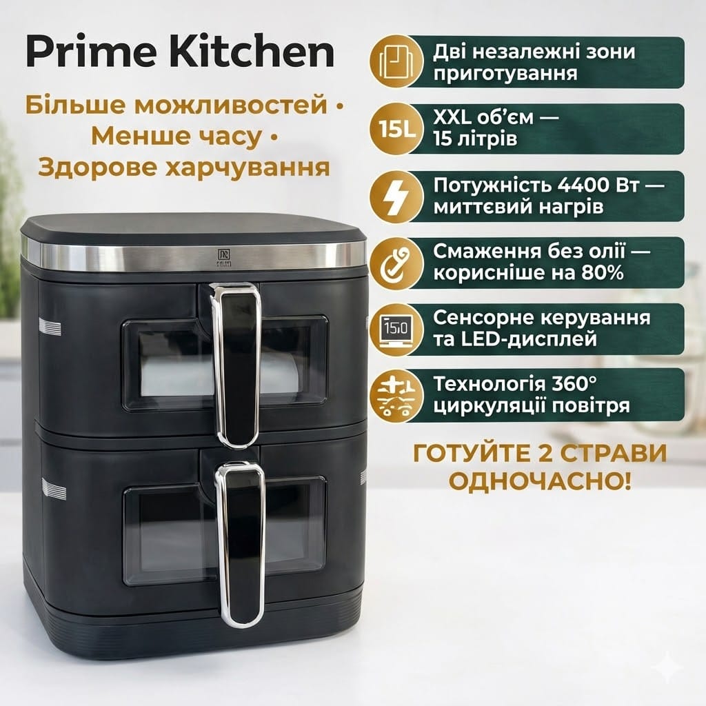 Аерогриль подвійний Prime Kitchen AF960AP, 15 л, 4400 Вт, з двома незалежними камерами, цифрове керування
