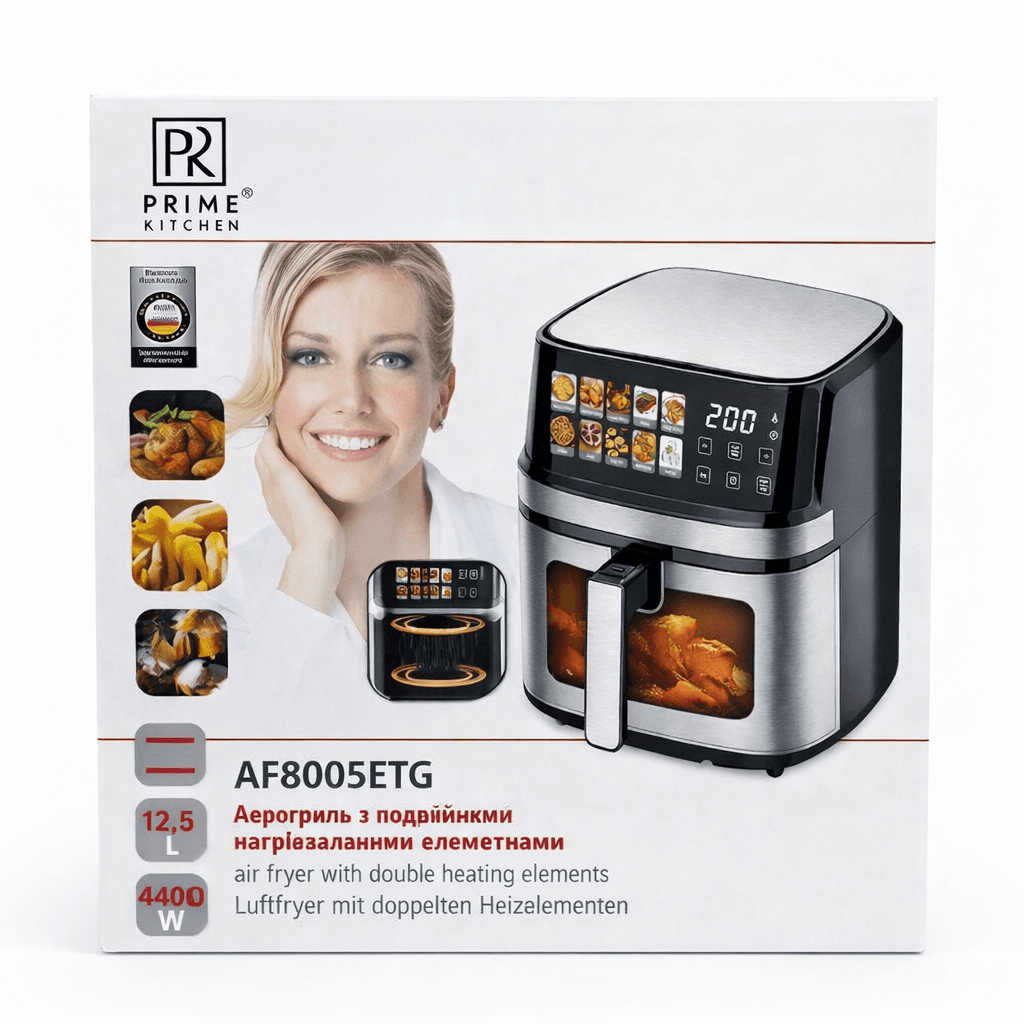 Аерогриль-аерофритюрниця Prime Kitchen AF8005ETG 12,5 л, 4400 Вт, з подвійними нагрівальними елементами та сенсорним керуванням