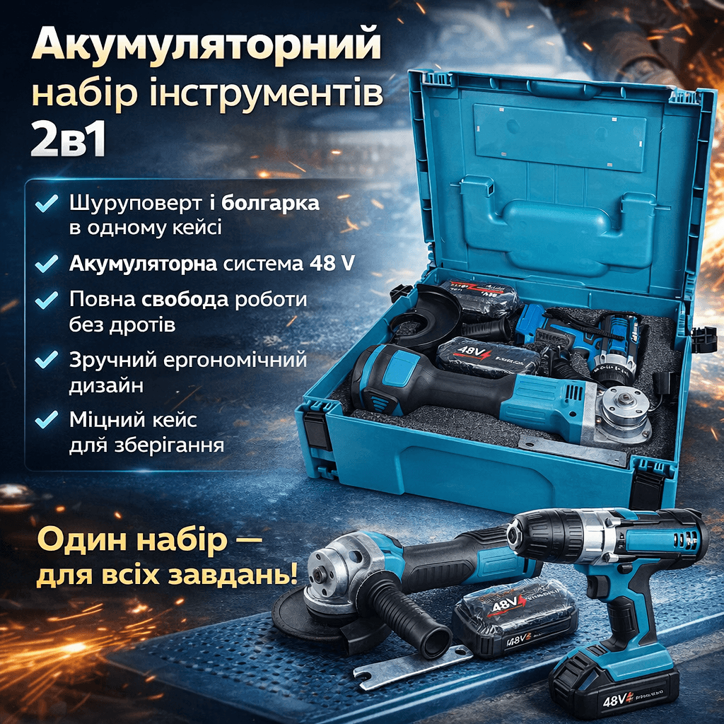 Акумуляторний набір 2в1 48 V: шурупокрут і кутова шліфмашина в кейсі, синій, модель X332