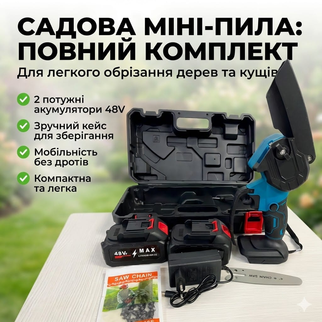 Акумуляторна ланцюгова мініпила 8″ (20 см) 48 V у кейсі | Ручний електросучкоріз із 2 акумуляторами