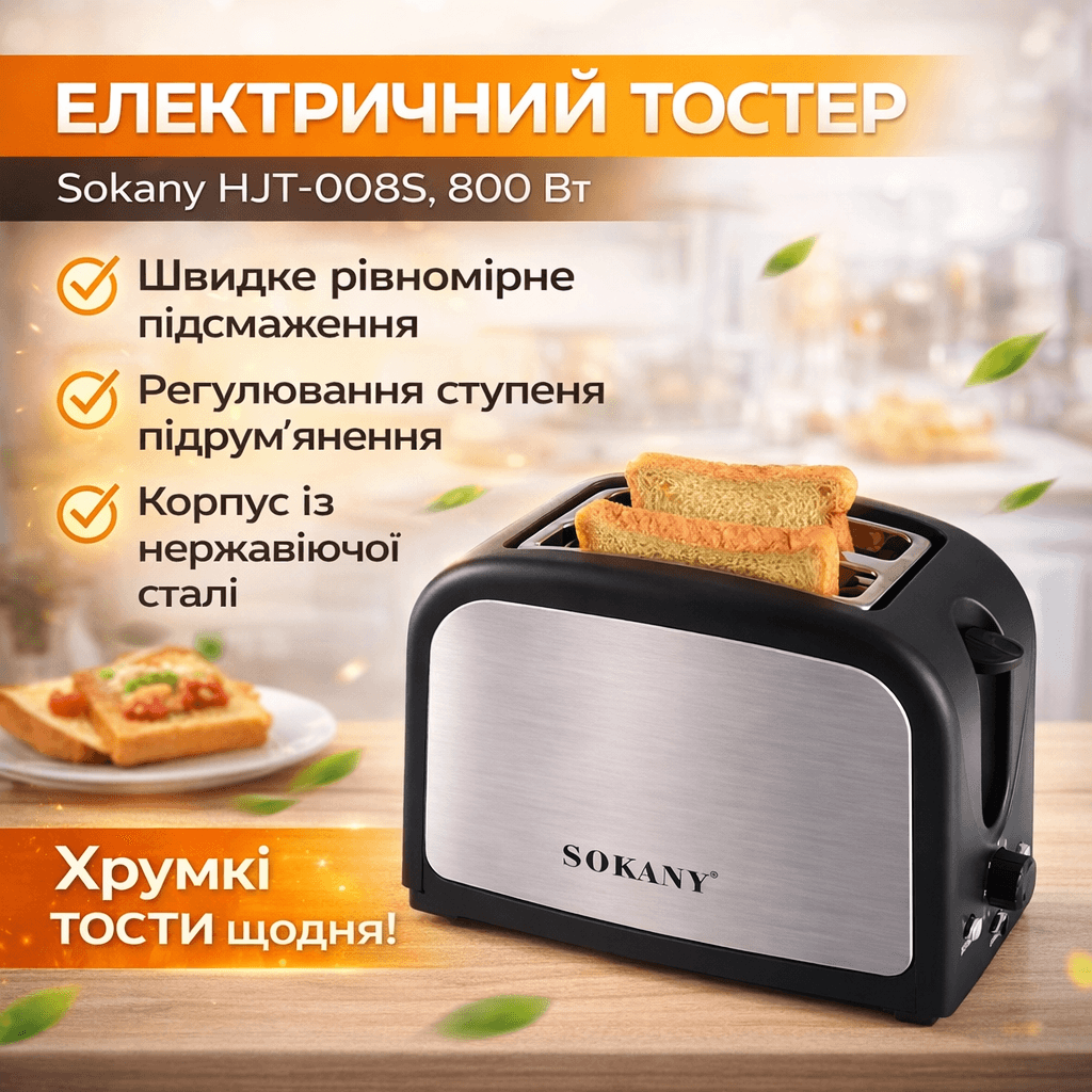 Тостер Sokany HJT-008S на 2 скибочки, 800 Вт/Мелетостер для хліба/Електричний тостер подвійний