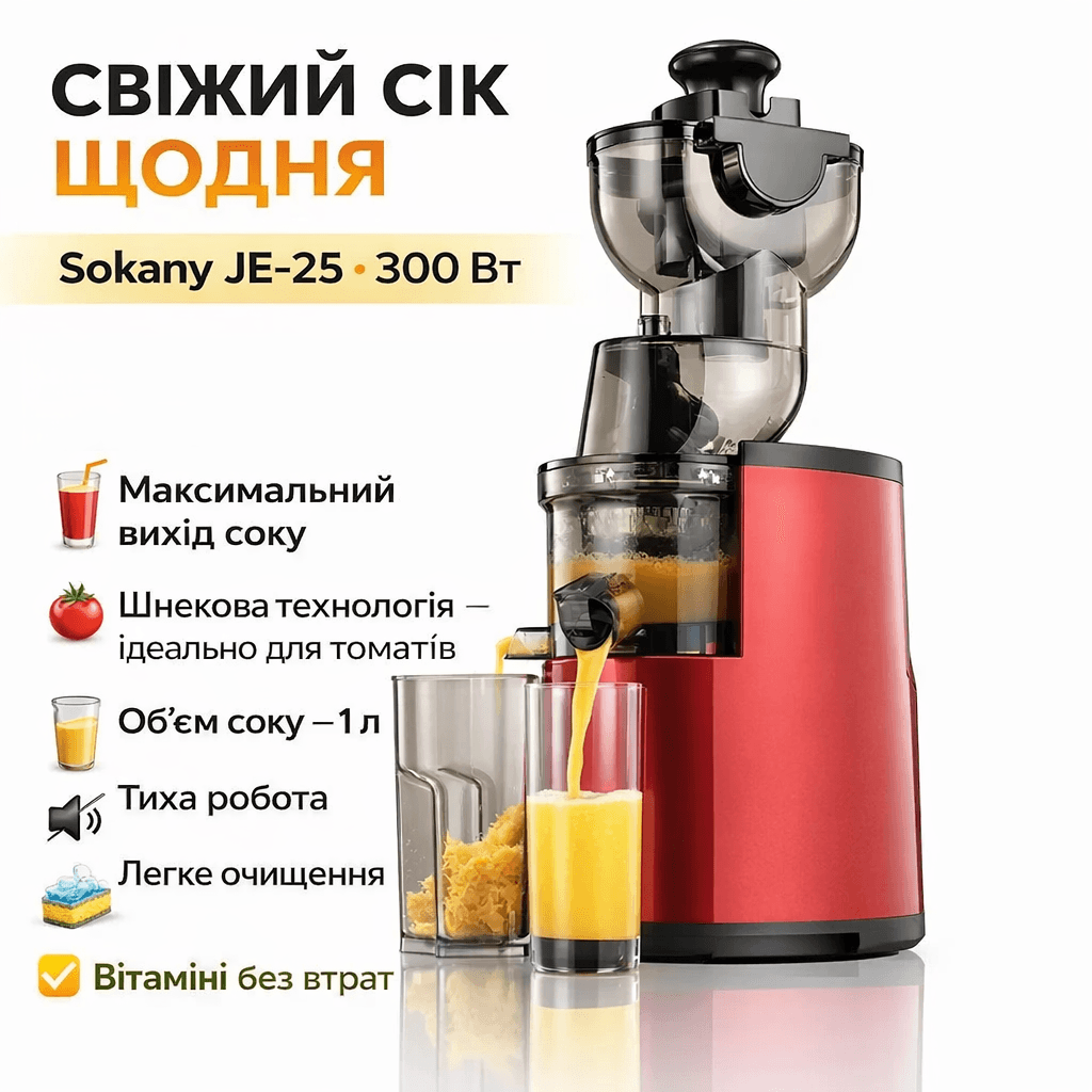 Електросоковижималка для смузі та соків 300 Вт, 1 л, Sokany JE-25 / Соковичавниця шнекова для томатів