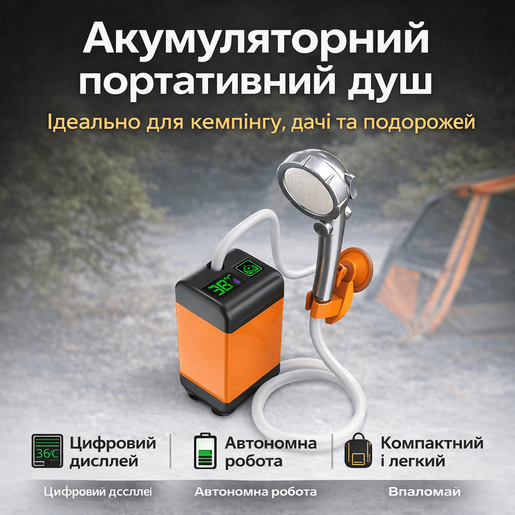 Портативний душ 3.7 В з дисплеєм температури, фільтром і регулюванням напору