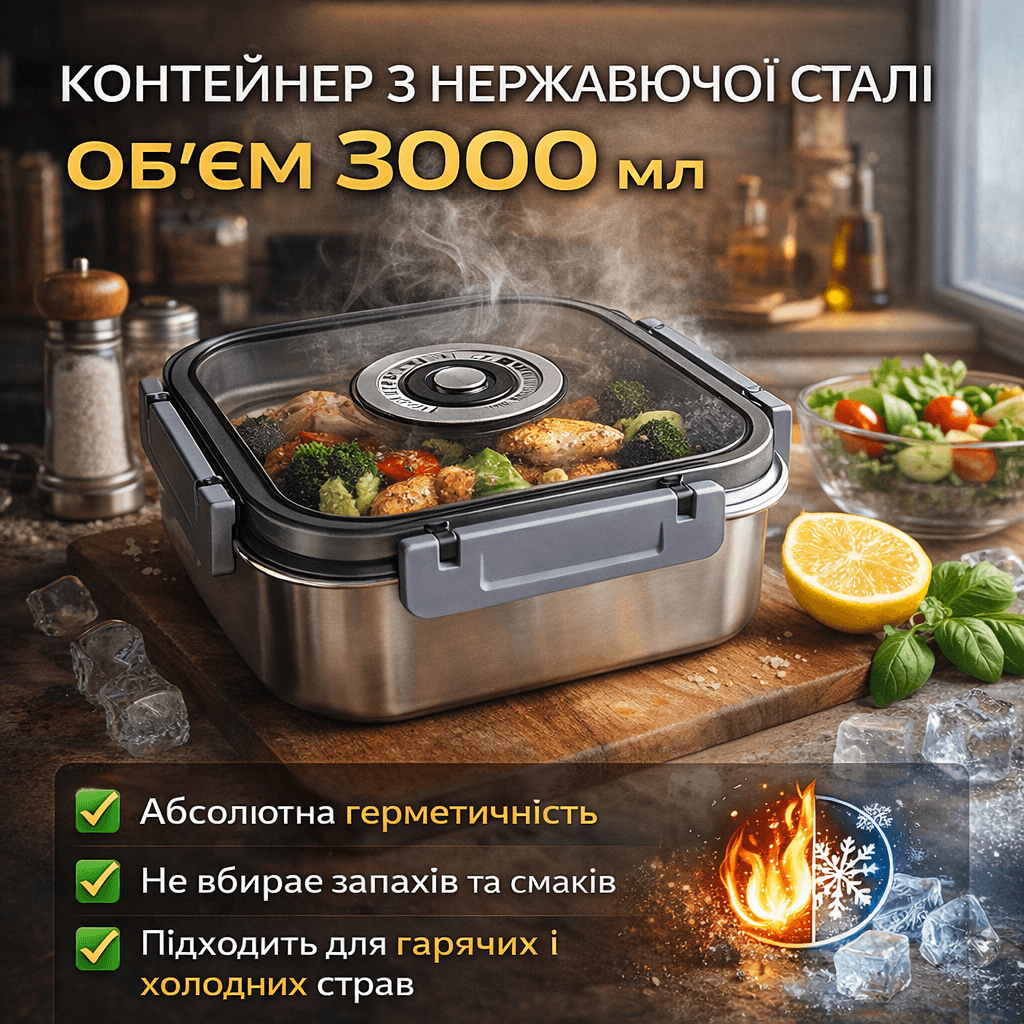 Контейнер харчовий з нержавіючої сталі з герметичною кришкою 3000 мл 20687-15 A, сірий