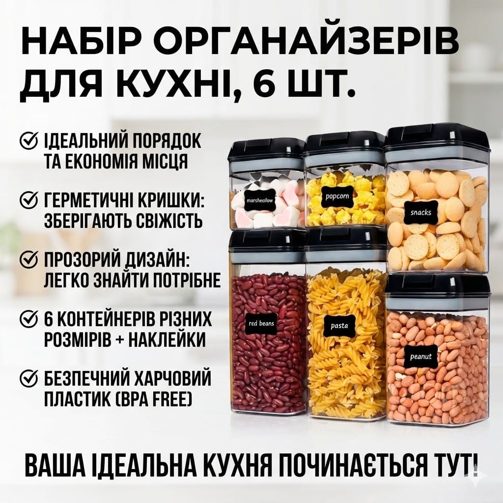 Набір контейнерів для зберігання сипких продуктів Food Storage Container, 6 шт., герметичні пластикові ємності з кришками