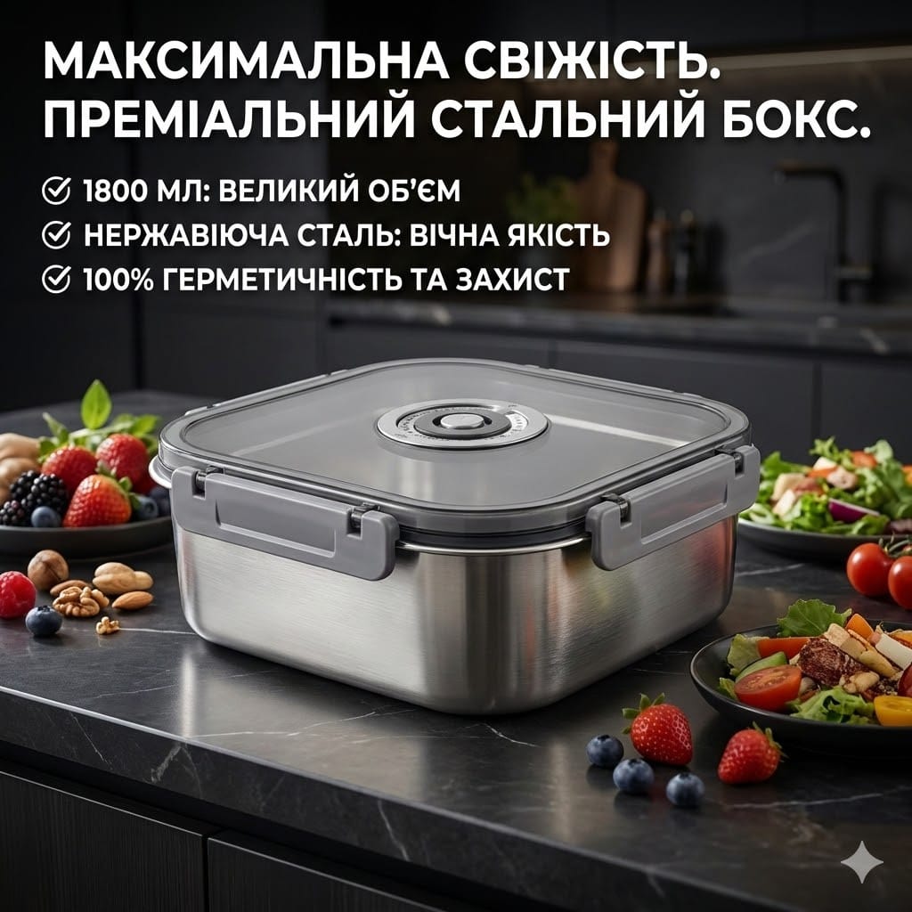 Контейнер харчовий із неіржавкої сталі з герметичною кришкою 1800 мл 20687-14, сірий, квадратний
