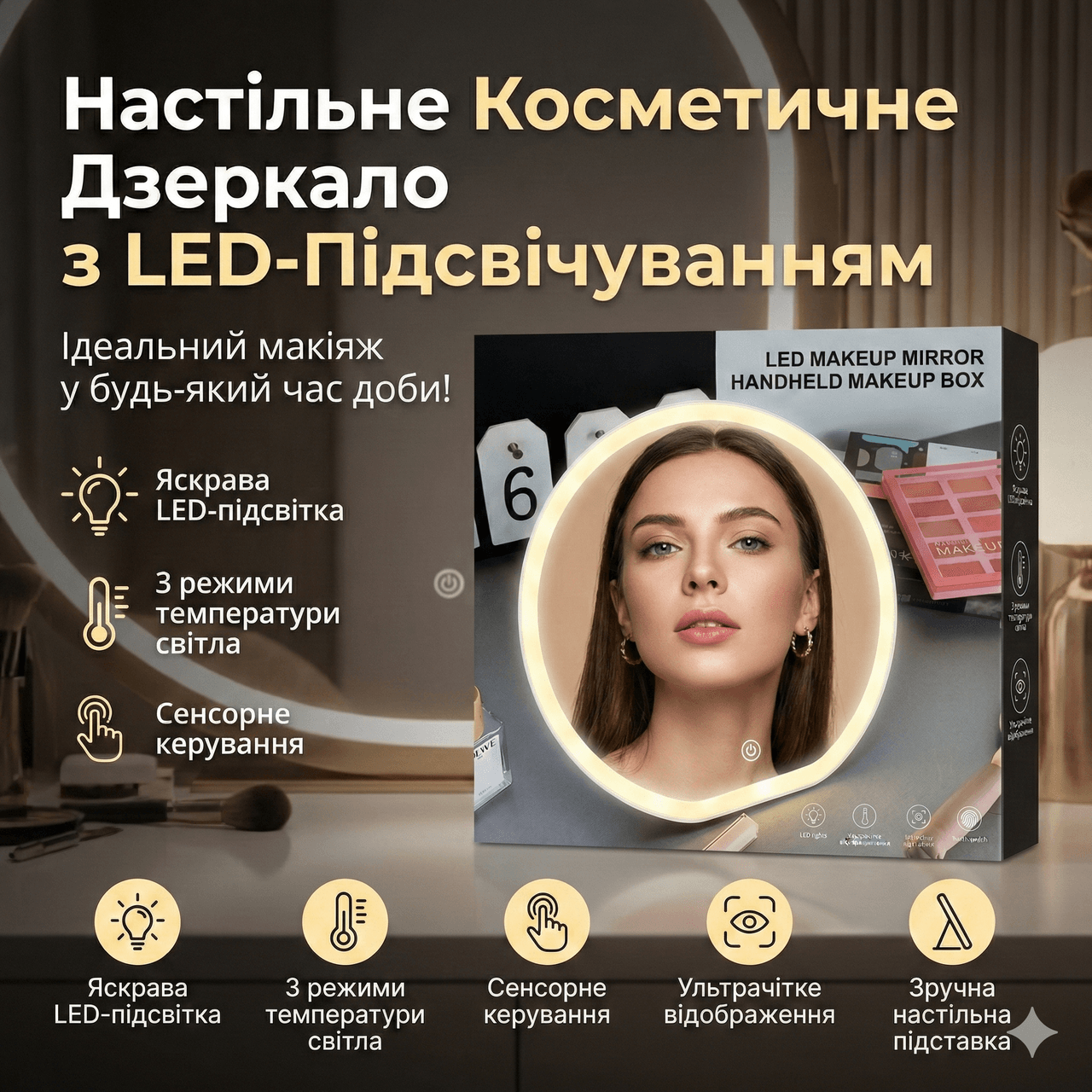 Настільне косметичне дзеркало для макіяжу з LED-підсвіткою XL-1646