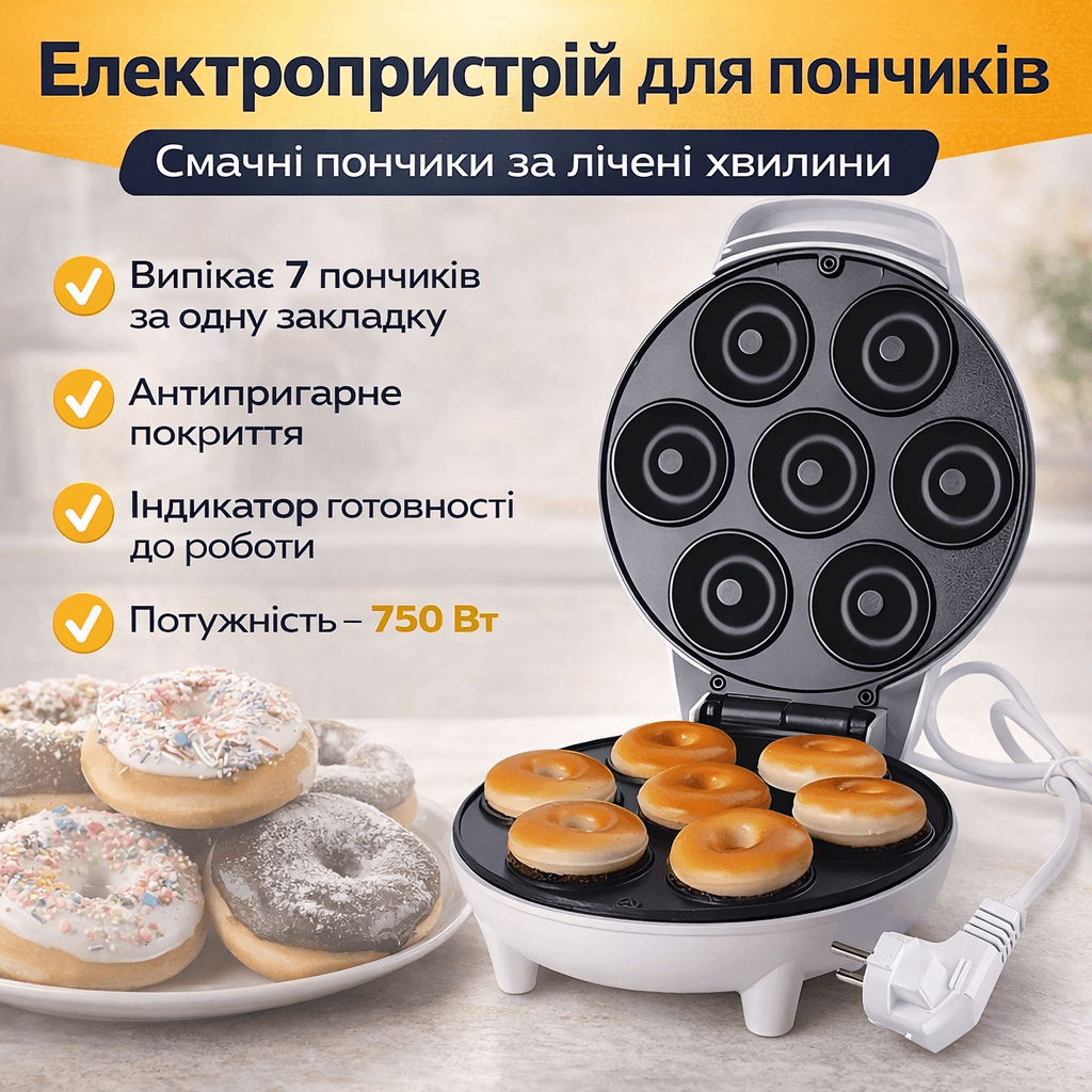 Електричний апарат для приготування пончиків AND XL-1573 (750 Вт) на 7 штук з антипригарним покриттям