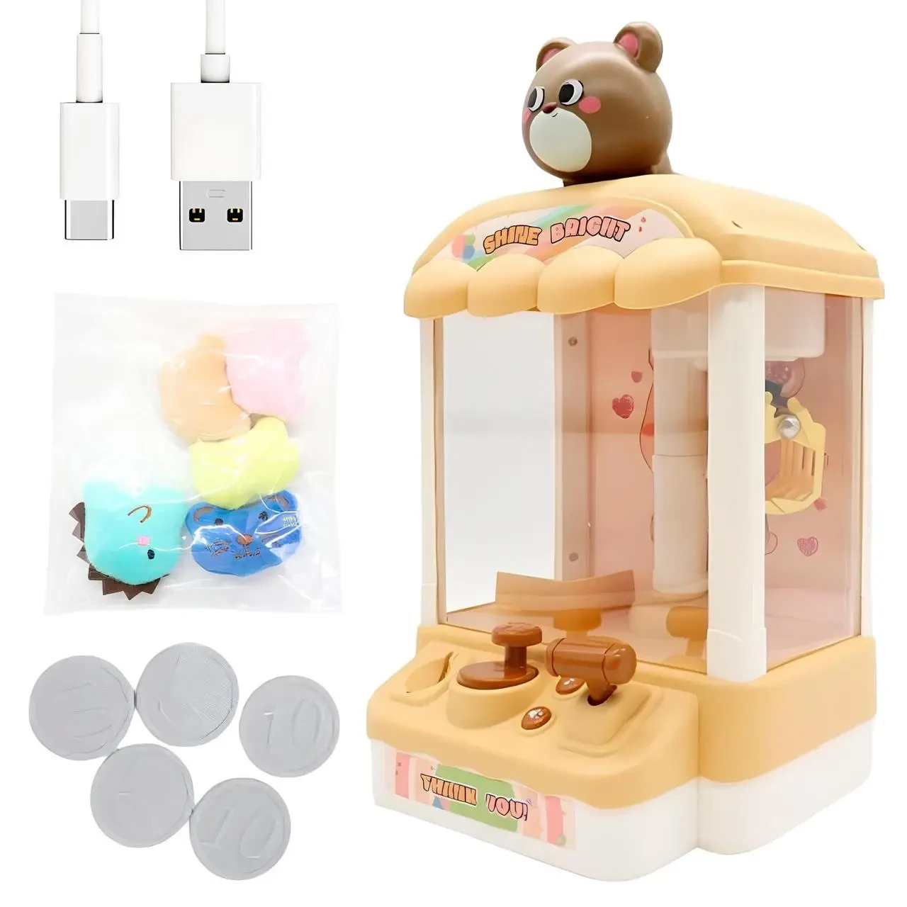 Ігровий автомат з іграшками Ведмедик, акумуляторний, USB-зарядка, 5 іграшок і 5 монет
