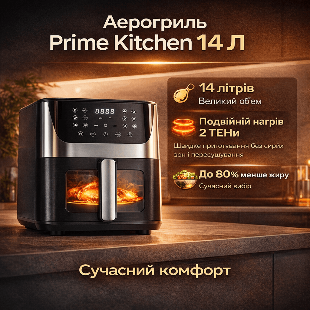 Аерогриль Prime Kitchen AF1012DT, 14 л, з подвійними нагрівальними елементами (2 ТЕНи), сенсорне керування, вікно огляду, 80–200 °