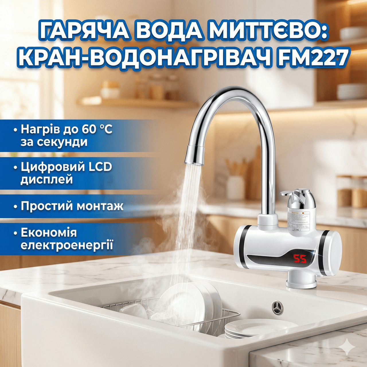 Проточний водонагрівач FM227 з LCD-дисплеєм бічне під’єднання