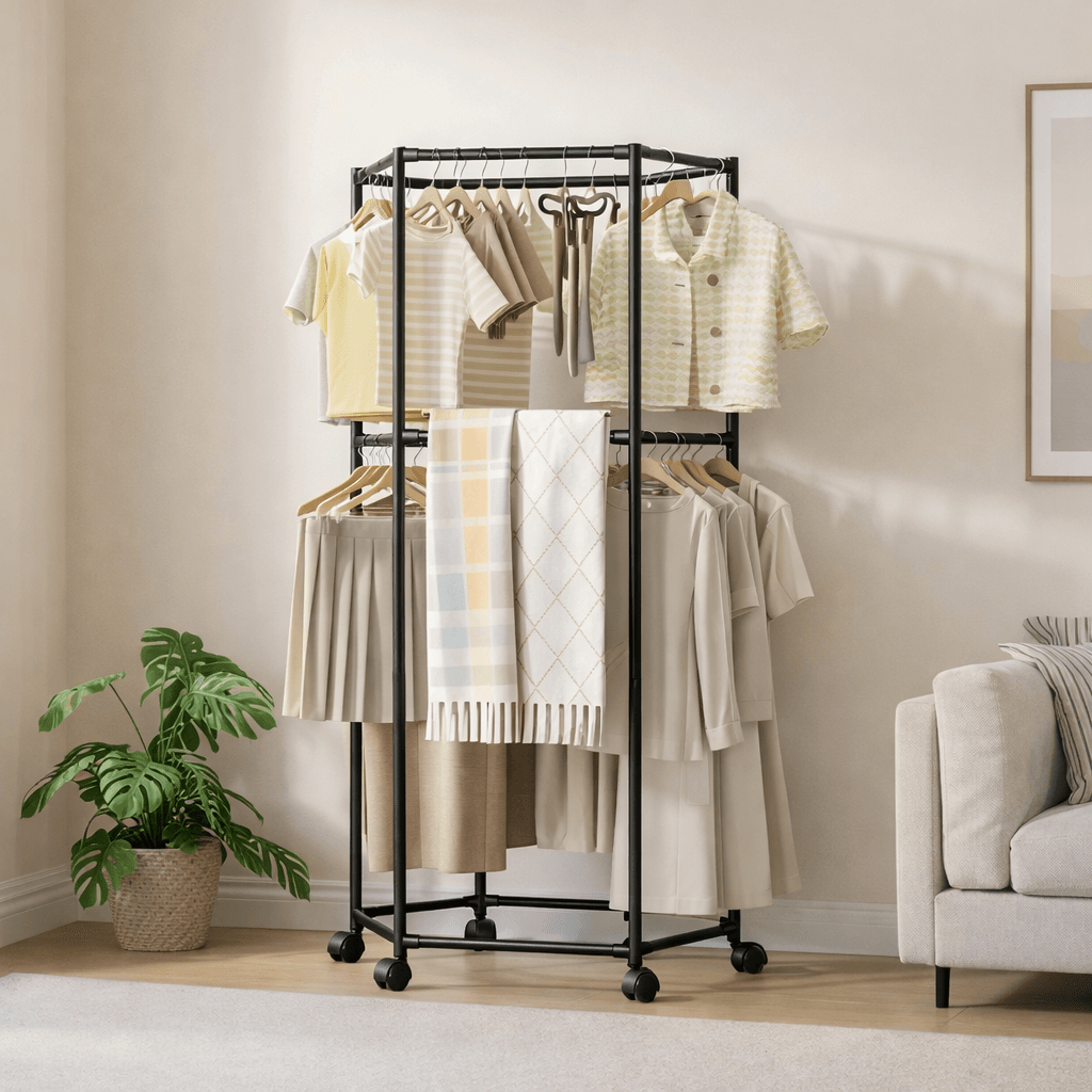 Підлогова шестикутна вішалка для одягу дворівнева з поворотом на 360°, 175х70 см, Чорний YSM3601-2