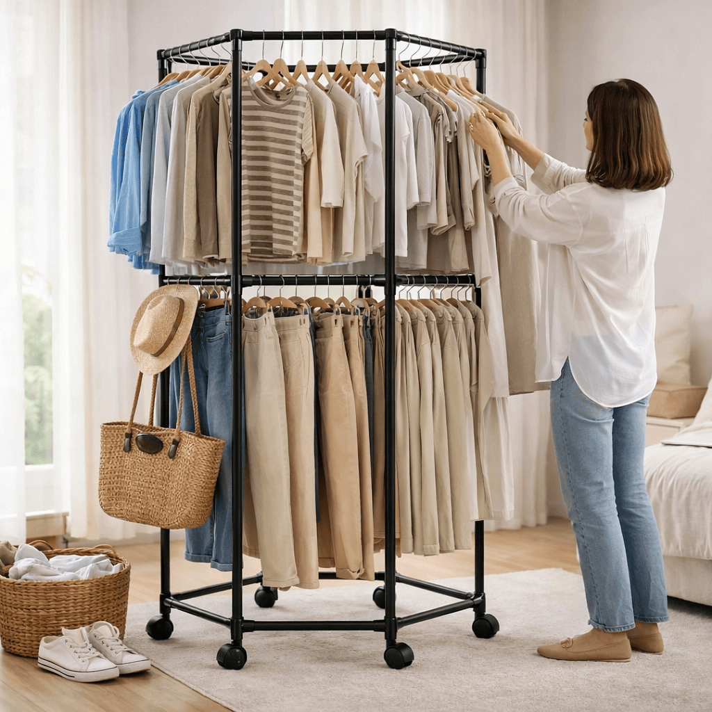 Підлогова шестикутна вішалка для одягу дворівнева з поворотом на 360°, 175х70 см, Чорний YSM3601-2