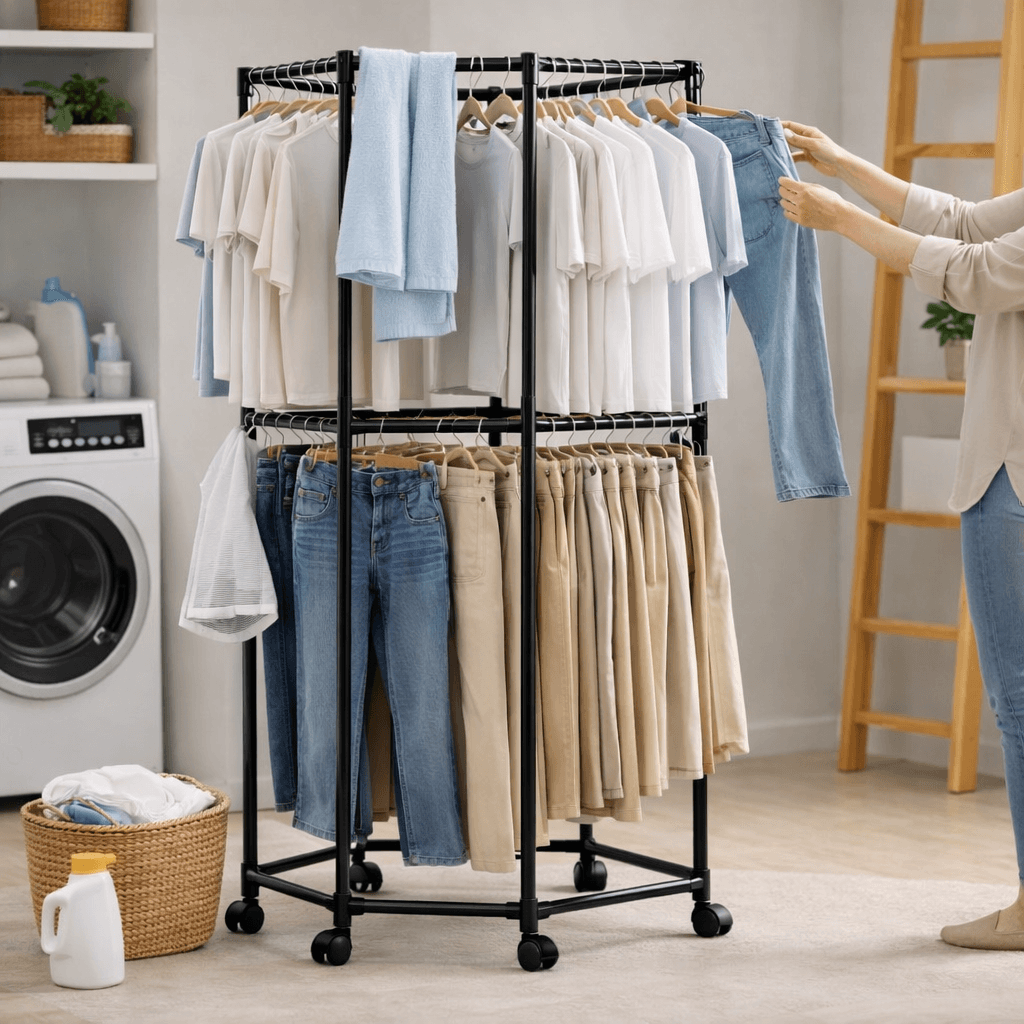 Підлогова шестикутна вішалка для одягу дворівнева з поворотом на 360°, 175х70 см, Чорний YSM3601-2