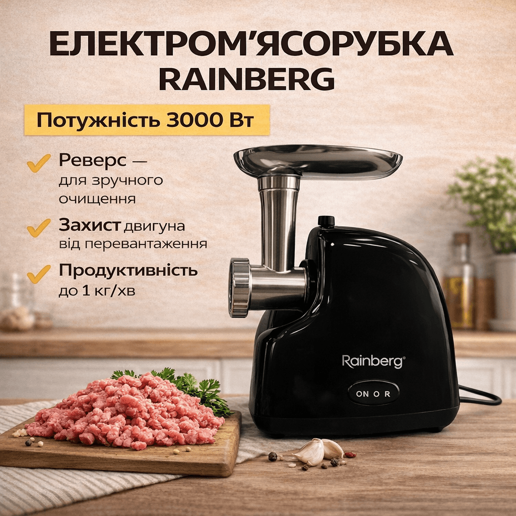 Потужна електрична м’ясорубка Rainberg RB-2319 3000 Вт для фаршу та заготівок чорна