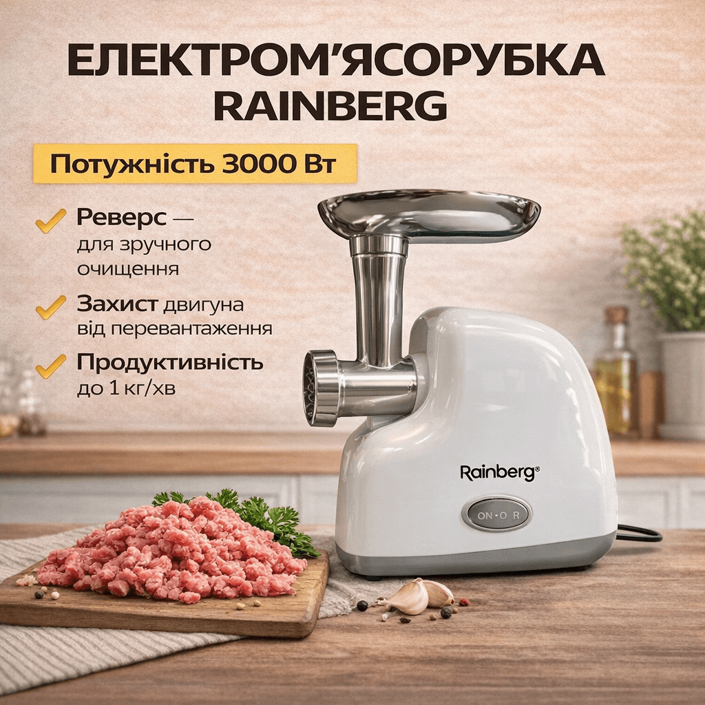 Домашня електрична м’ясорубка Rainberg RB-2319 3000 Вт з реверсом біла