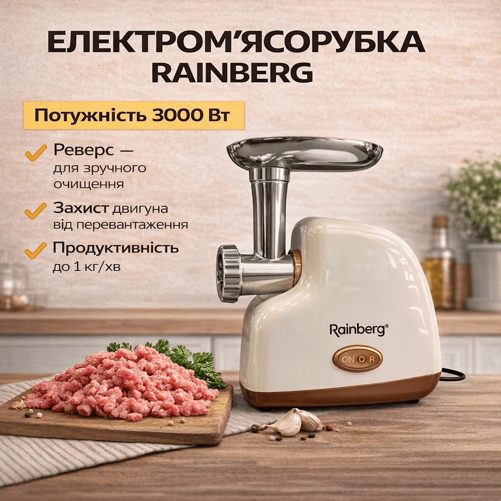Електрична м’ясорубка Rainberg RB-2319 3000 Вт із захистом двигуна бежева