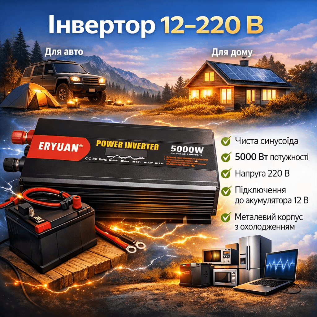 Інвертор для автомобільних акумуляторів 12 V 220 V 5000 W Перетворювач напруги для квартири чистий синус
