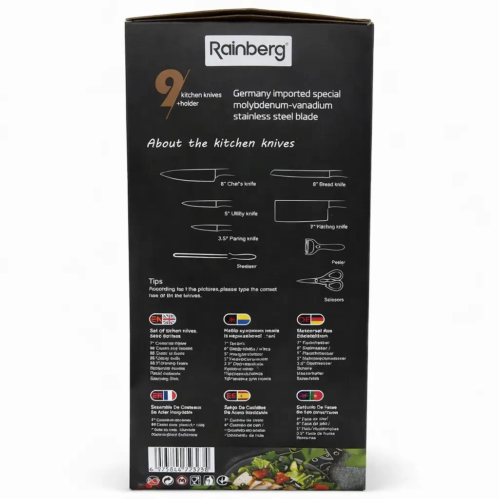 Кухонний набір ножів Rainberg RB-2323 з підставкою, неіржавка сталь, 9 предметів, чорний колір