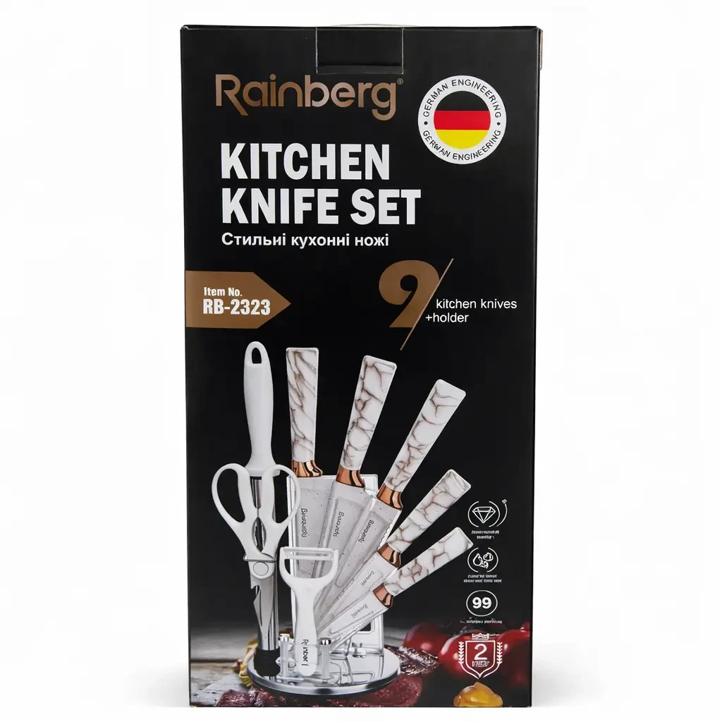 Кухонний набір ножів Rainberg RB-2323 з підставкою, неіржавка сталь, 9 предметів, чорний колір