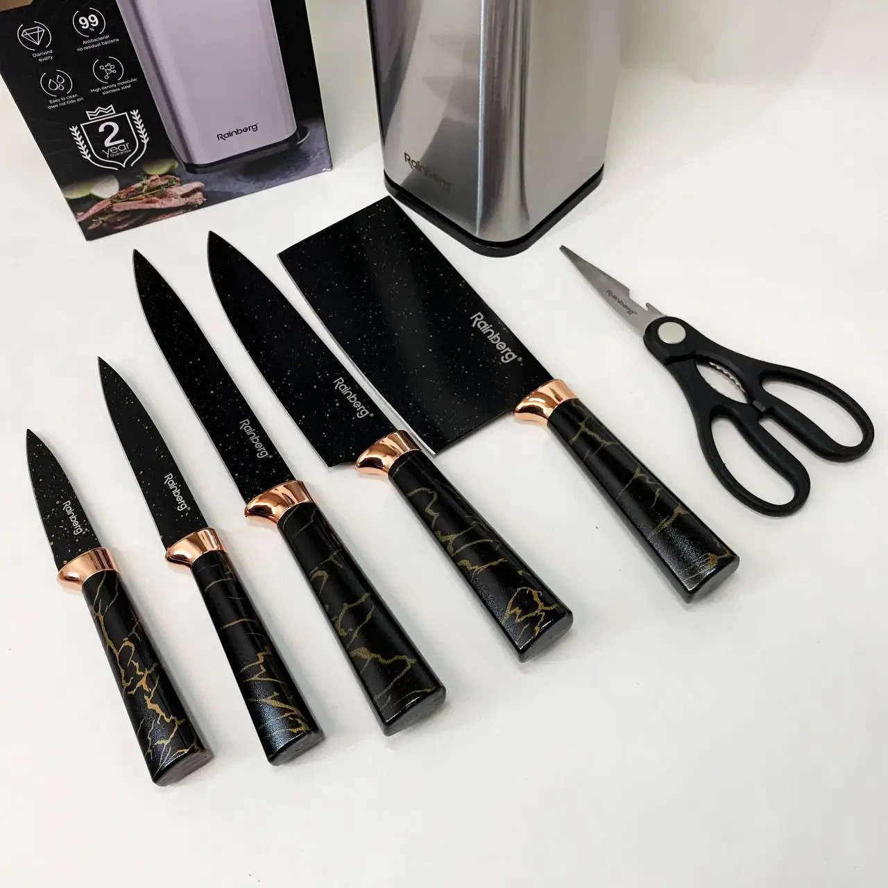 Набір кухонних ножів Rainberg RB-2325 Чорний з неіржавкої сталі з металевою підставкою та ножицями