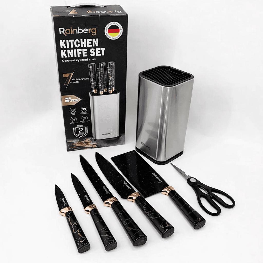 Набір кухонних ножів Rainberg RB-2325 Чорний з неіржавкої сталі з металевою підставкою та ножицями