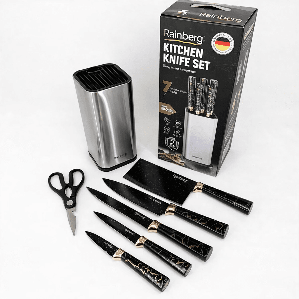 Набір кухонних ножів Rainberg RB-2325 Чорний з неіржавкої сталі з металевою підставкою та ножицями