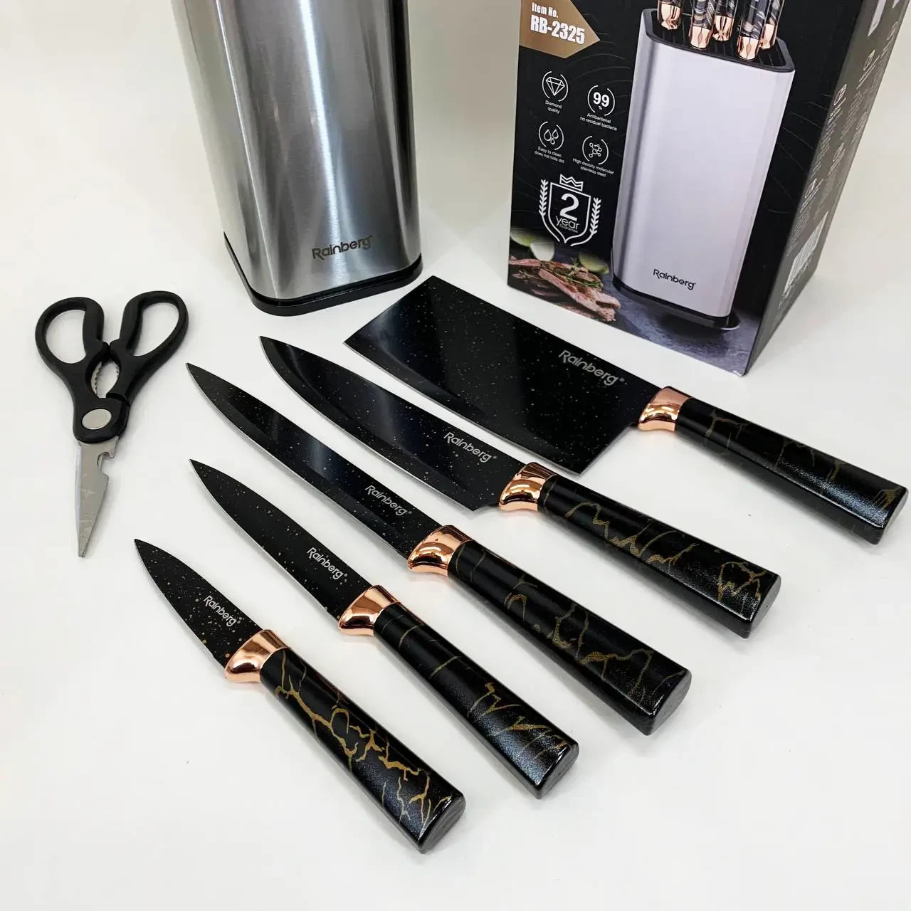 Набір ножів для кухні Rainberg RB-2325 Білий з неіржавкої сталі з підставкою та ножицями