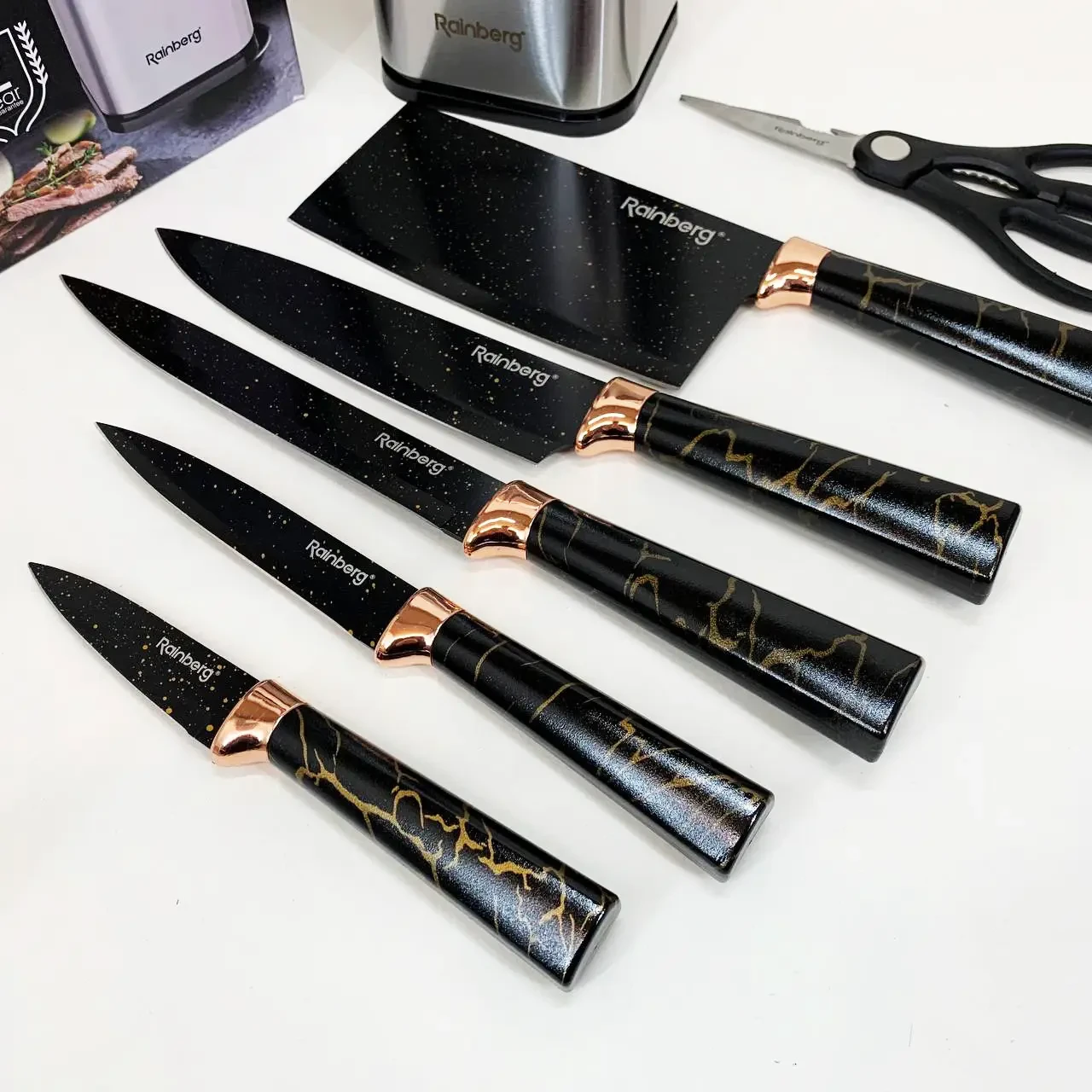 Набір ножів для кухні Rainberg RB-2325 Білий з неіржавкої сталі з підставкою та ножицями