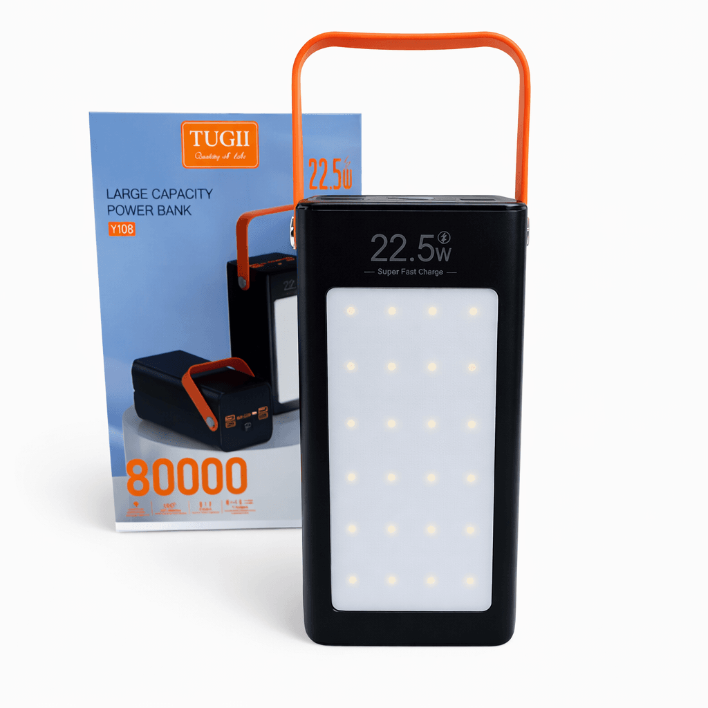 Портативний повербанк Tugii Y108 8000 мА·год з LED-ліхтарем і дисплеєм, швидке заряджання до 22,5 Вт, 7 вихідних портів, чорний ко