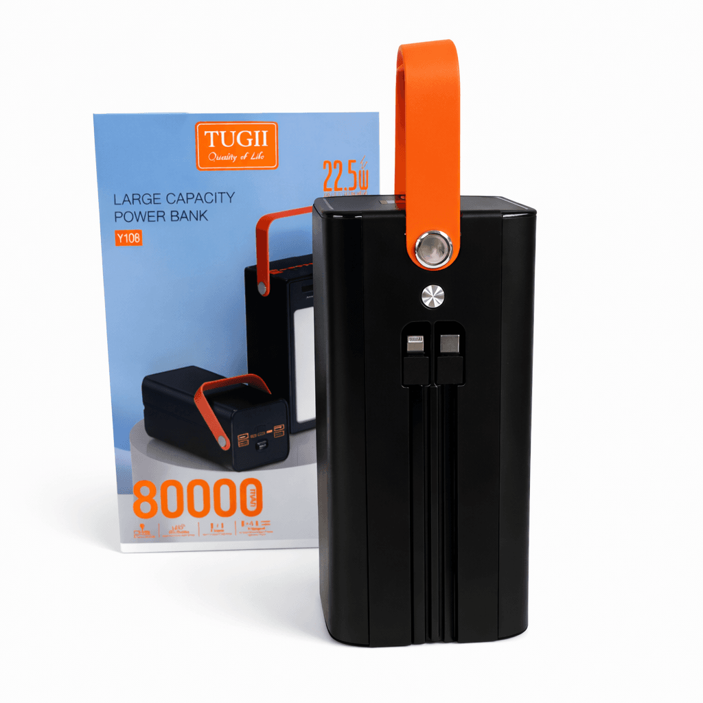 Портативний повербанк Tugii Y108 8000 мА·год з LED-ліхтарем і дисплеєм, швидке заряджання до 22,5 Вт, 7 вихідних портів, чорний ко