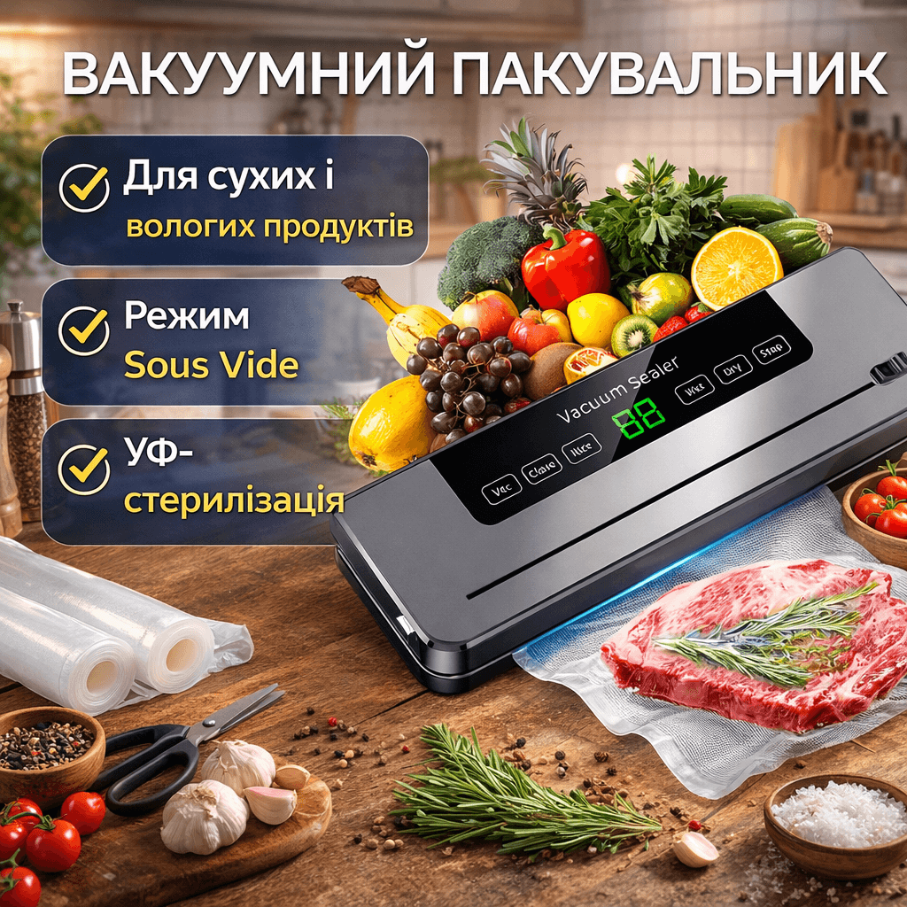 Вакуумний пакувальник сухих/вологих продуктів з УФ-стерилізацією в режимі Sous Vide + Паковальні мішки