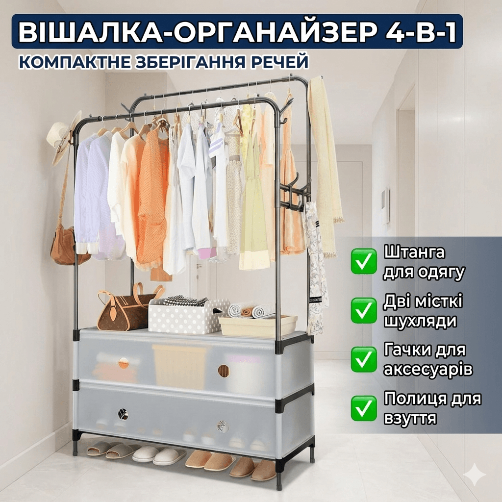 Вішалка підлогова для одягу з 2 ящиками (63х28х128 см): металева стійка-гардероб із бічними гачками, Чорна